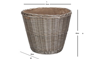 Vanilla Leisure Tapered Round Grey Lined Log Basket with integral handles and Hessian lining - Hand Crafted and Ethically Sourced - Antique wash finish willow.-Tamworth Camping