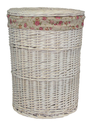 Vanilla Leisure Large Round White Wash Laundry Hamper With Garden Rose Lining-Tamworth Camping
