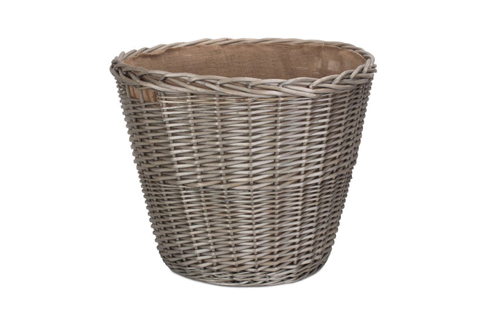 Vanilla Leisure Tapered Round Grey Lined Log Basket with integral handles and Hessian lining - Hand Crafted and Ethically Sourced - Antique wash finish willow.