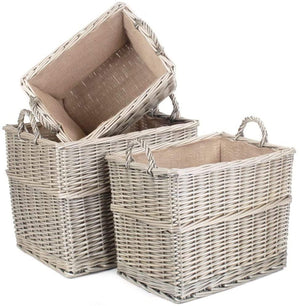 Vanilla Leisure Set of 3 Rectangular Hessian Lined Wicker Log Storage Baskets-Tamworth Camping