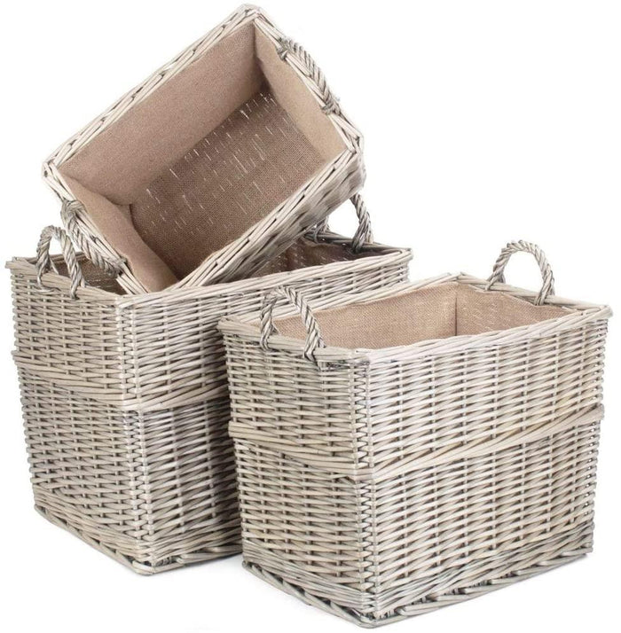 Vanilla Leisure Set of 3 Rectangular Hessian Lined Wicker Log Storage Baskets
