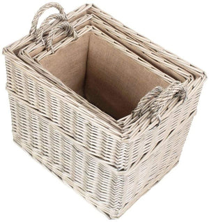 Vanilla Leisure Set of 3 Rectangular Hessian Lined Wicker Log Storage Baskets-Tamworth Camping